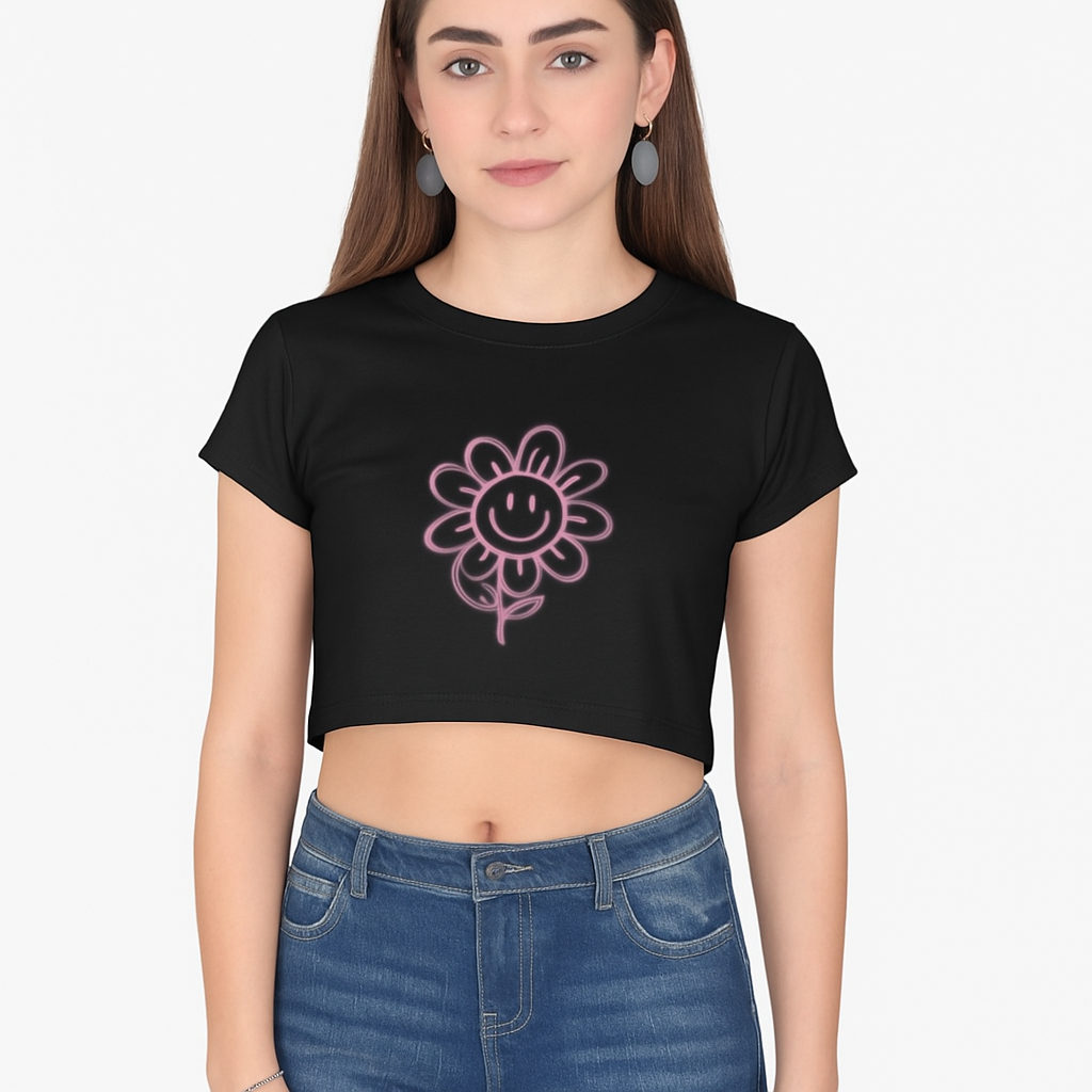 Neon Bloom Crop Tee – Black 🌸✨