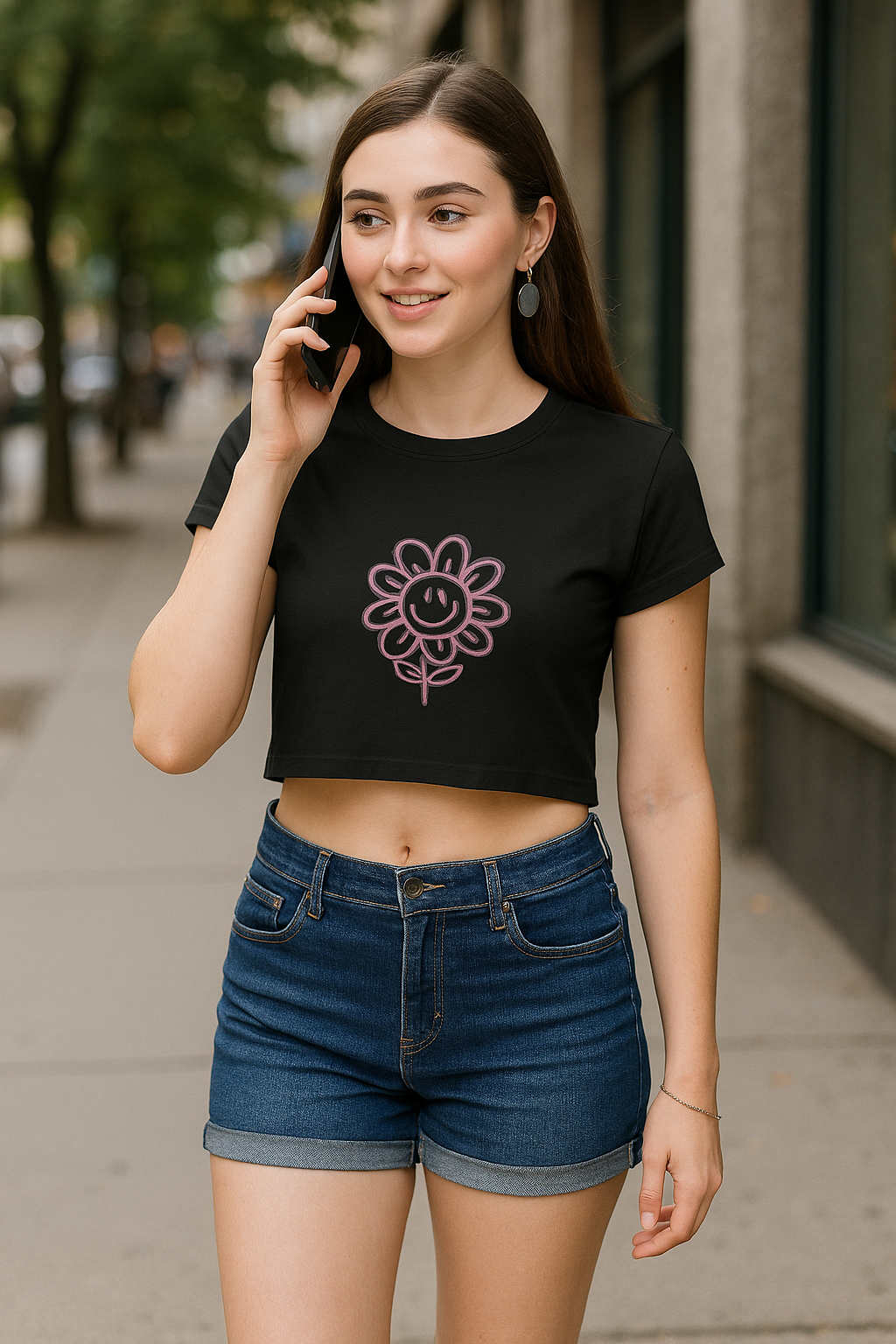Neon Bloom Crop Tee – Black 🌸✨